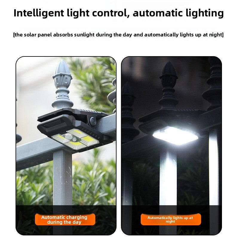 Solar powered motion sensor clip light for outdoor walls